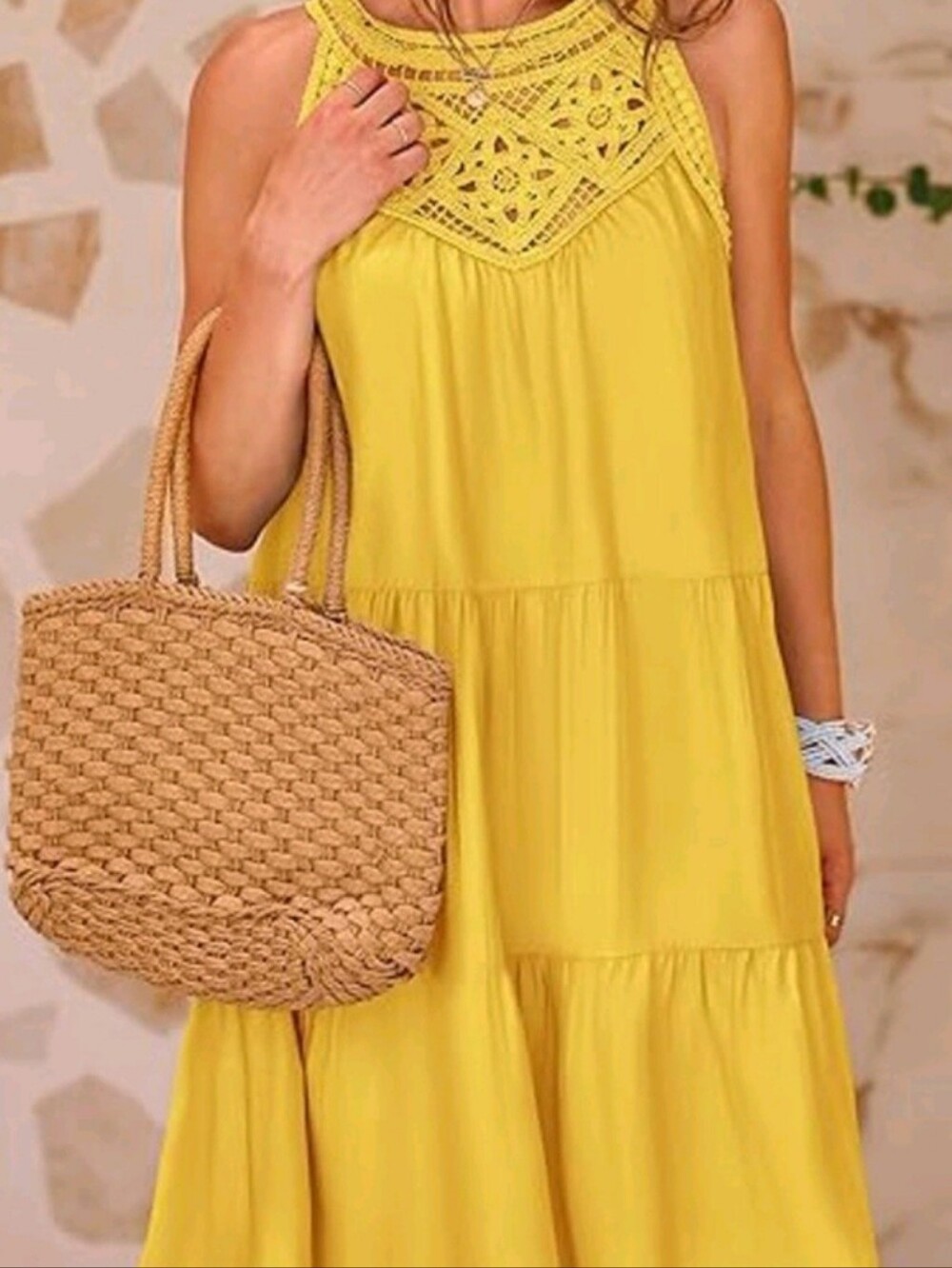 BTFBM Women's Sleeveless Halter Neck A-Line Boho Mini Dress Yellow Size XXL
